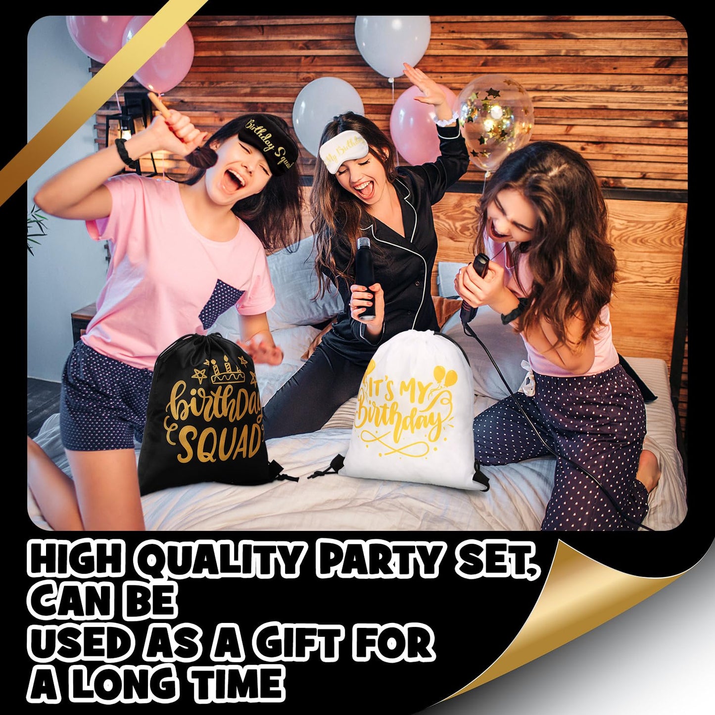 Bunnycool 18 Pcs Birthday Squad Party Favors with 6 Squad Drawstring Bag 6 Satin Eye Mask Satin 6 Hair Scrunchies Spa Birthday Party Favor for Queen Women 20th 30th 40th 50th 60th Decoration(Black)