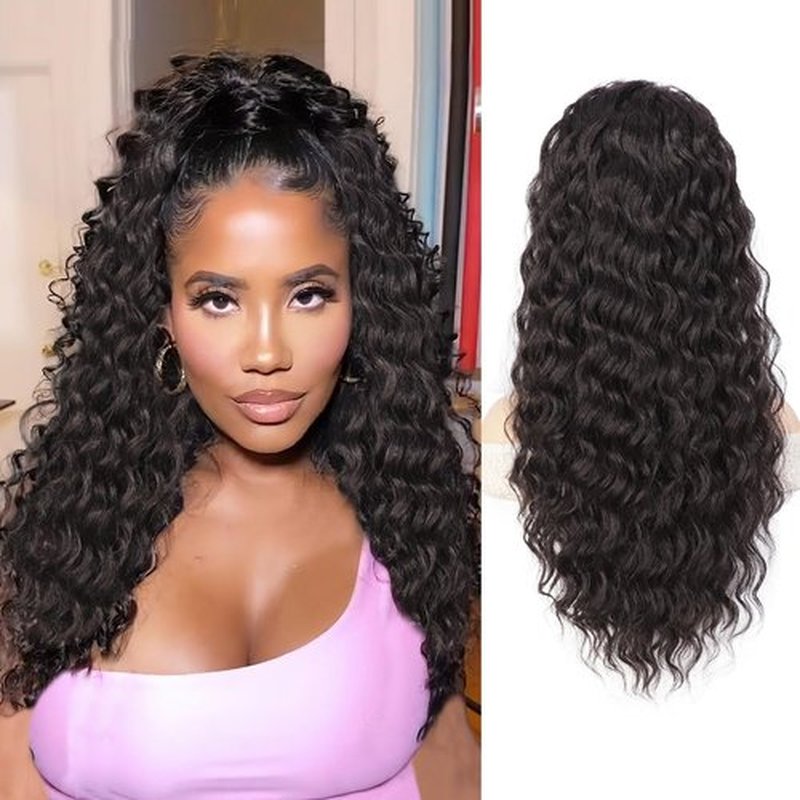 AISI BEAUTY Long Curly Ponytail Extension Drawstring Ponytail for Black Women 22 Inch Synthetic Clip in Pony Tails Hair Extensions(Brown Black)