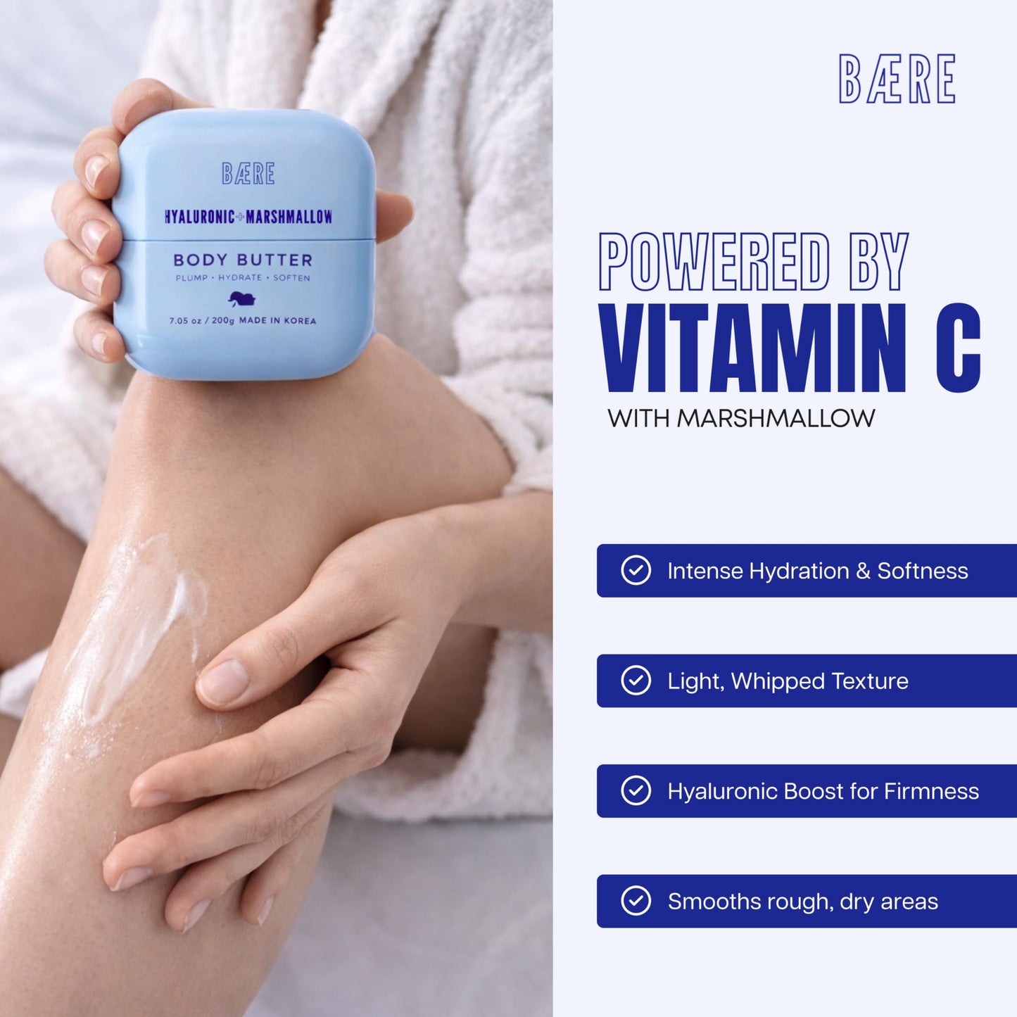 Baere Hyaluronic Acid Body Butter With Marshmallow - Dermatologist Tested, Anti Aging, Korean Skin Care - Deep Hydration, Smoother, Plumper, Dewy Skin - Vegan, Clean Beauty - 7.05 Oz