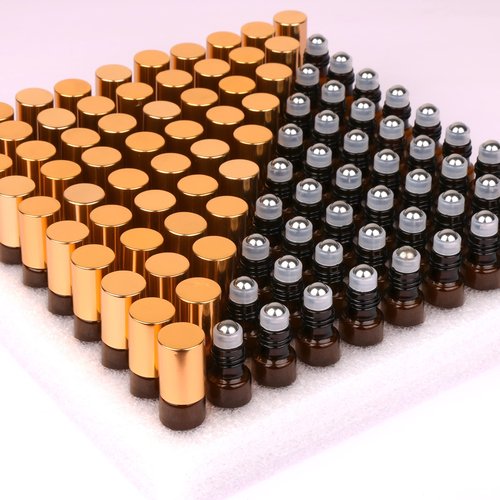 MaxMau Pack of 100,5ml Amber Glass Roller Bottles for Essential Oils Refillable Roll on Bottle with Stainless Steel Roller Balls Golden Cap For Home Travel Aromatherapy