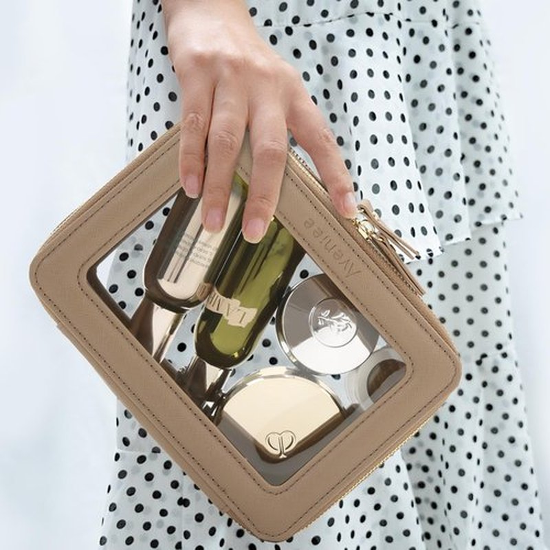 Aveniee Clear Makeup Bag for Women, Clear Cosmetic Case Travel Toiletry Bag, Heavy Duty Make up Bag Organizer with Clear Windows & Gold Zippers(Taupe)