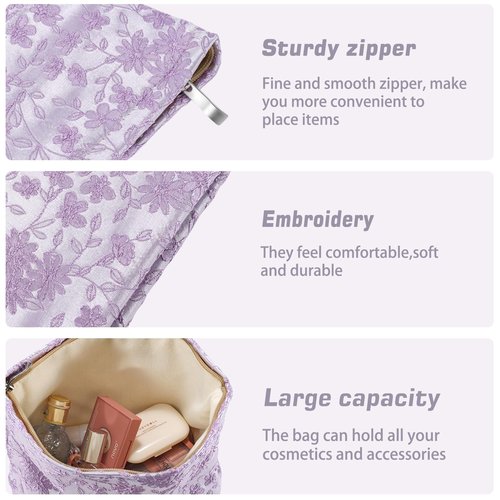 ZLFSRQ Daisy Flower Makeup Bag Travel Cute Floral Cosmetic Bags for Women Large Makeup Pouch Zipper Cosmetic Pouch for Purse Aesthetic Embroidery Purple Makeup Organizer Bag Portable Toiletry Bag