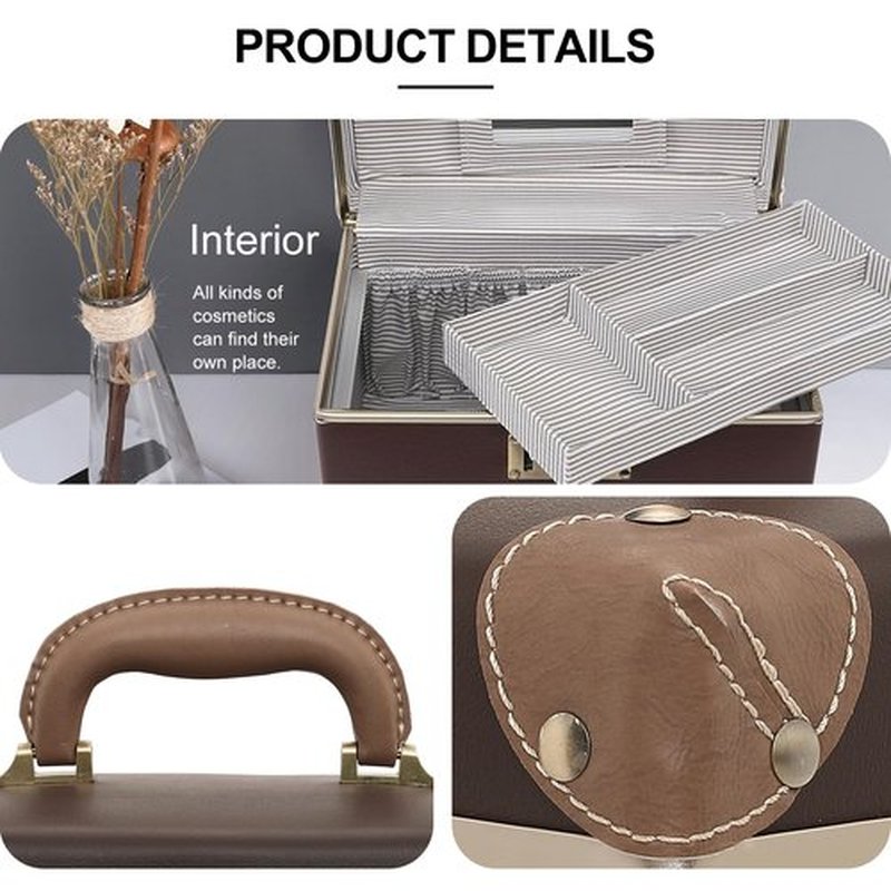urecity Portable Makeup Train Case Cosmetic Organizer Case Leather Storage Box with Combination Lock (12.5", Dark Brown)