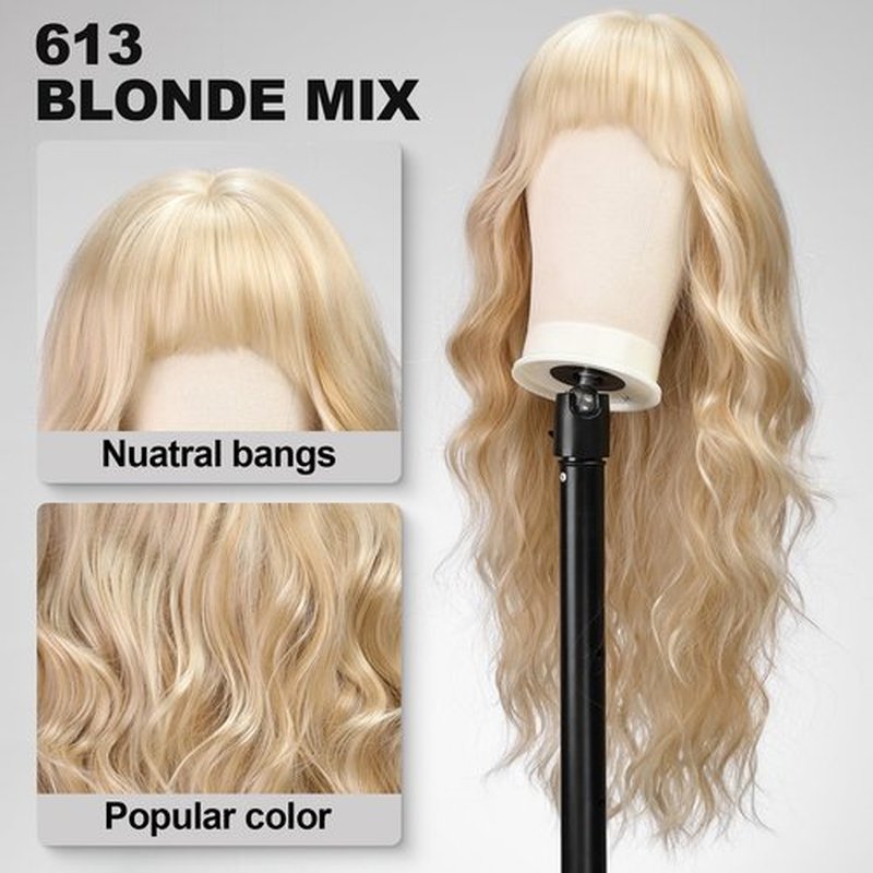 KOME Light Blonde Wigs with Bangs,613 Blonde mixed Long Wavy Wig for Women,Long Curly Synthetic Hair Wig for Party Daily Use 26IN…