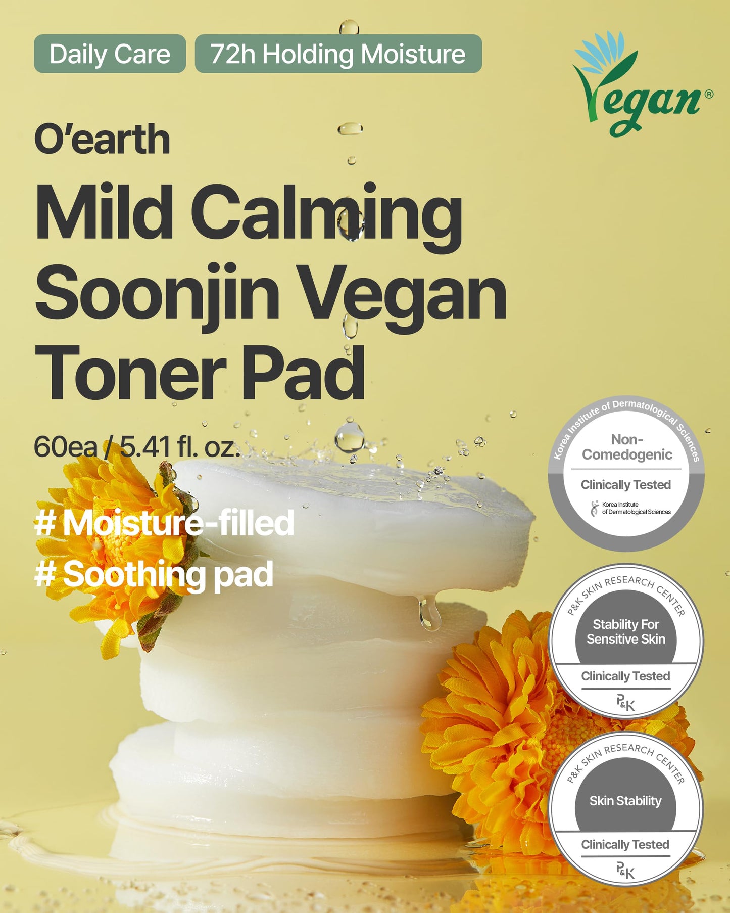 O’Earth Mild Calming Vegan Toner Pad - Dual-Textured, Exfoliating, Soothing, Moisturizing with Dandelions & Hyaluronic Acid, EWG Green Certified, 90 Pads