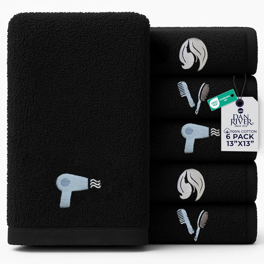 DAN RIVER Black Makeup Towels - Ultra Soft Cotton Face Towels | Pack of 6 (13x13 in) - Reusable & Quick-Dry Makeup Remover Cloths for Spa & Salon