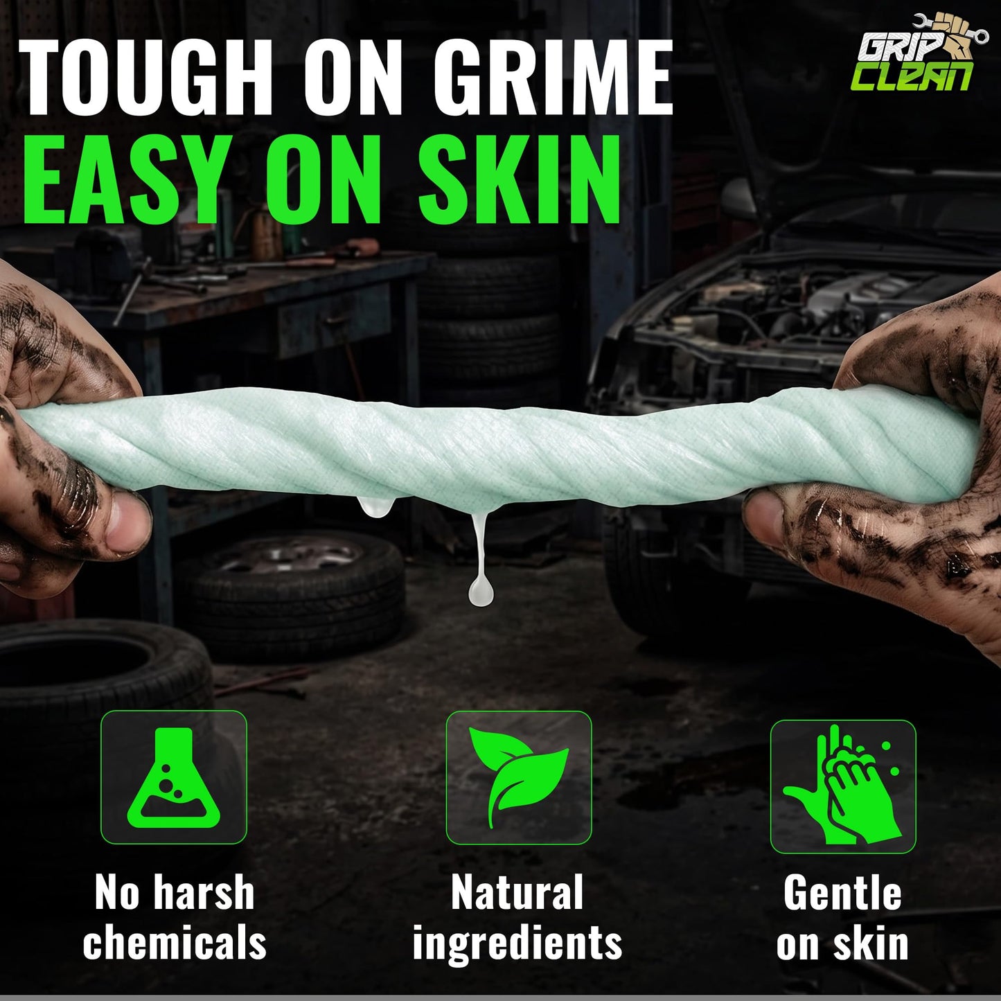 Grip Clean Heavy Duty Hand & Tool Cleaning Wipes – Waterless Hand Cleaner for Mechanics, Garage & Shop Use – Dual-Sided Grease, Oil & Paint Remover Wipes with Citrus Scent - 30ct (6 Pack)