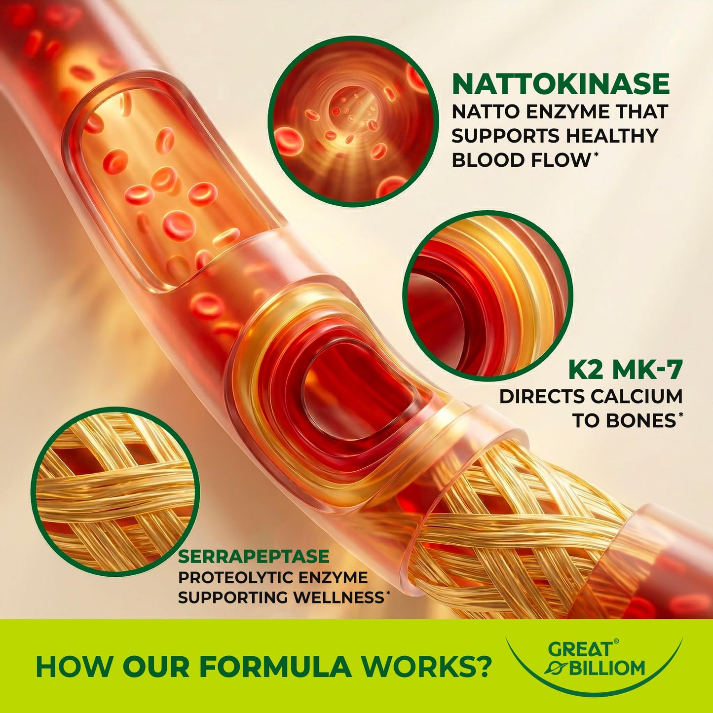 GREAT BILLIOM Nattokinase 10800 FU with Vitamin K2 MK-7 & Serrapeptase 240,000 SPU Supplement – Natto Enzyme, Heart Health Supplements for Blood Flow & Circulation Support, 90 Capsules