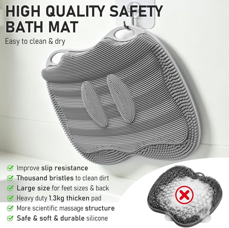 Shower Foot Scrubber Mat - XL Silicone Massage Cleaner with Non-Slip Suction Cups | 17.4x13 Grey