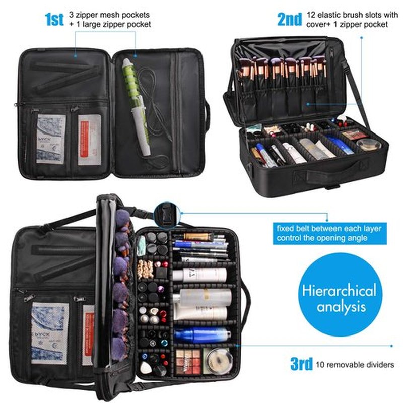 Relavel Travel Makeup Train Case Makeup Cosmetic Case Organizer Portable Artist Storage Bag with Adjustable Dividers for Cosmetics Makeup Brushes Toiletry Jewelry Digital Accessories