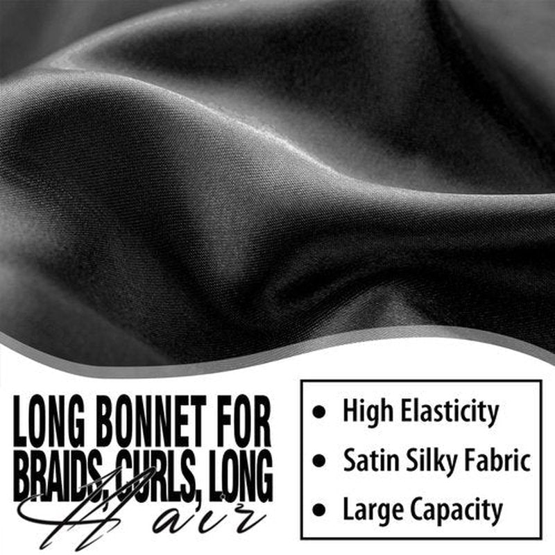 2Pcs Bonnets for Black Women Braid Bonnet, Large Long Satin Bonnet for Braids, Silk Bonnet with Stretchy Tie Band Sleep Cap Hair (2Pcs-Black&Green)