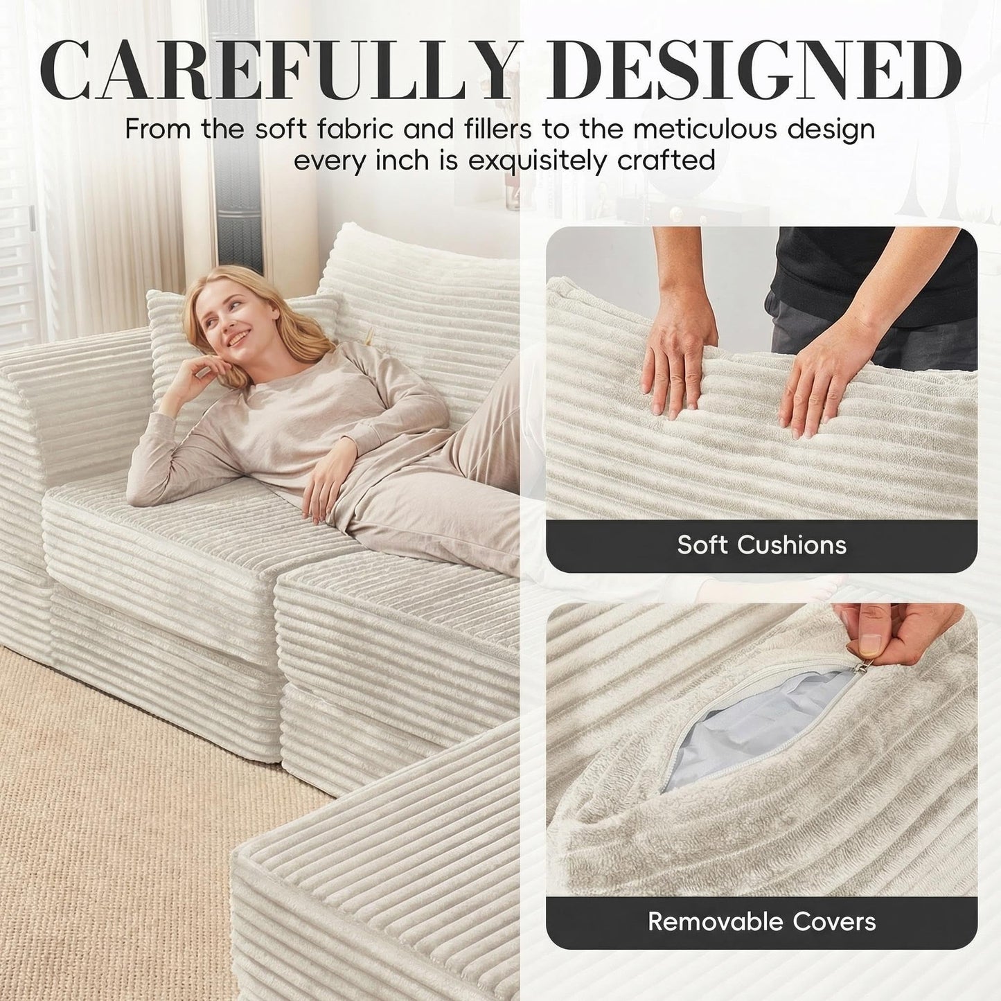 106” Modular Sectional Sofa,Modular Cloud Sofa L-Shaped Cloud Couch with High-Density Foam & Corduroy Fabric,Boneless Couch Deep Seat Couch for Living Room Apartments Bedroom No Assembly Required