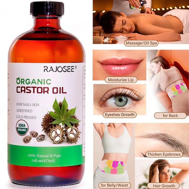 RAJOSEE Certified Organic Castor Oil, Natural Oil Cold Pressed in Glass Bottle, Massage Oil, Pure for Hair Growth, Eyelashes, Eyebrows, Lash Serum, Hexane Free, Caster Oil in Bulk - 16OZ