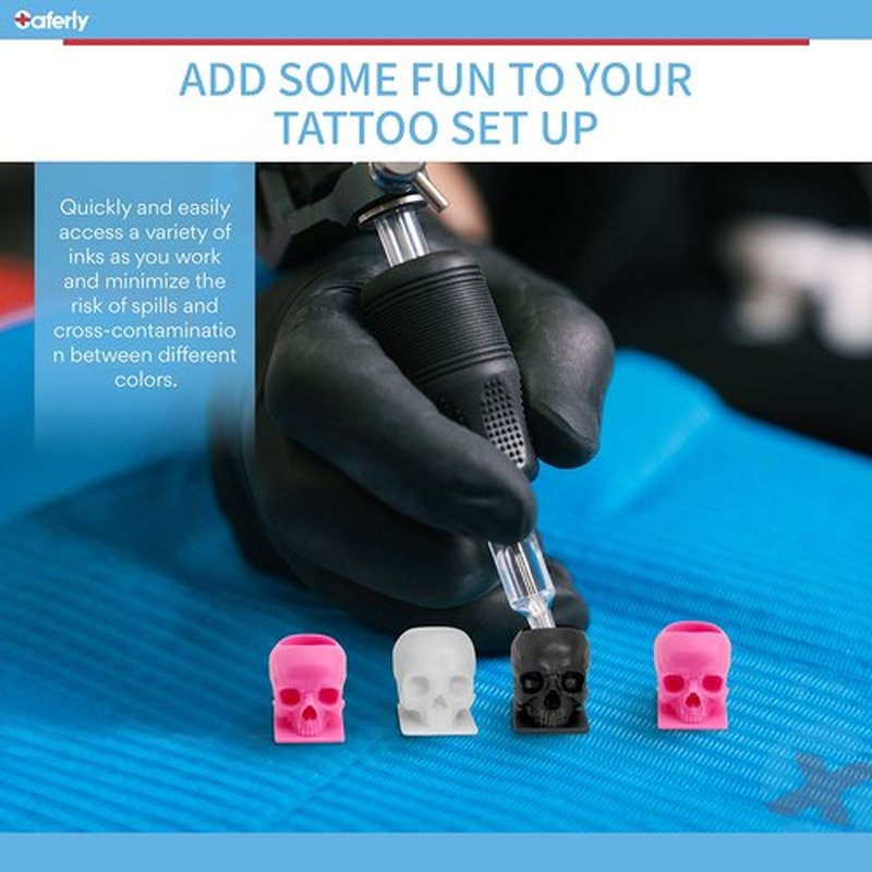 Saferly Skull Tattoo Ink Caps Cups for Tattooing, Disposable Pigment Holder with Base, Microblading Permanent Makeup Tattoo Supplies, Size #16 Large, Bag of 200, Pink
