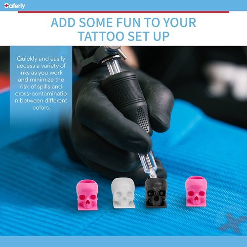Saferly Skull Tattoo Ink Caps Cups for Tattooing, Disposable Pigment Holder with Base, Microblading Permanent Makeup Tattoo Supplies, Size #16 Large, Bag of 200, White