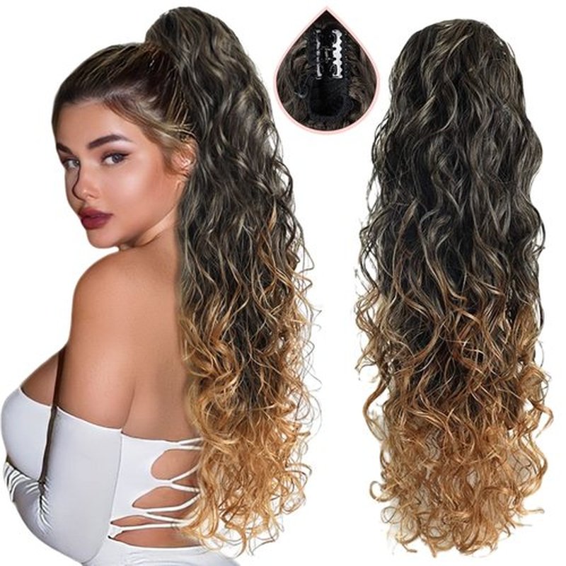 YIBANG Ponytail Extensions Drawstring Long Wavy 1B 27 - Hair Extainson Ponytail Wavy Clip in Ponytail Extensions Blonde Drawstring Ponytail for Black Women(Black to Honey Blonde 6 OZ)…