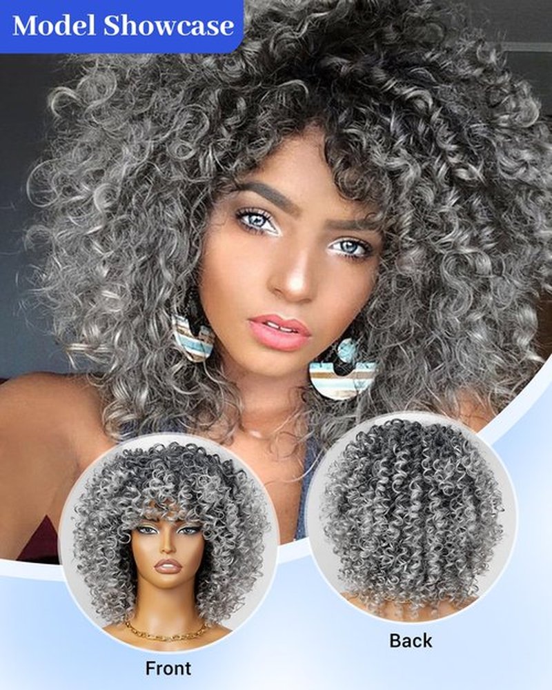 Afro Curly Wigs with Bangs for Black Women Kinky Curly Synthetic Hair Heat Resistant 12 Inch Short Ginger Wig for Daily Party (Grey)