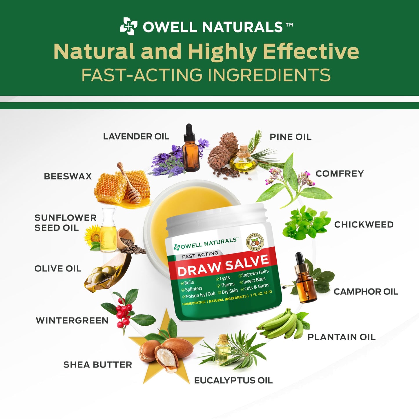 Owell Naturals Drawing Salve Ointment with Pure Shea Butter, for ingrown Hair, Boil, Splinter Remover, Bug Spider Bites, Bee Sting, Mosquito Itch, Poison Ivy, Burns & Cuts, 2oz