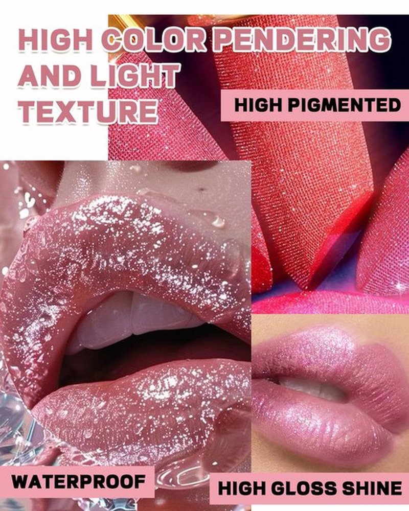Glitter Metallic Cherry Plum Shimmer Lipstick Long Lasting, High Shine Glitter Diamond Creamy Red Lipstick Transfer Proof Non-Stick Lip Gloss Shimmer High Impact Full Coverage Lip Makeup for Women-03