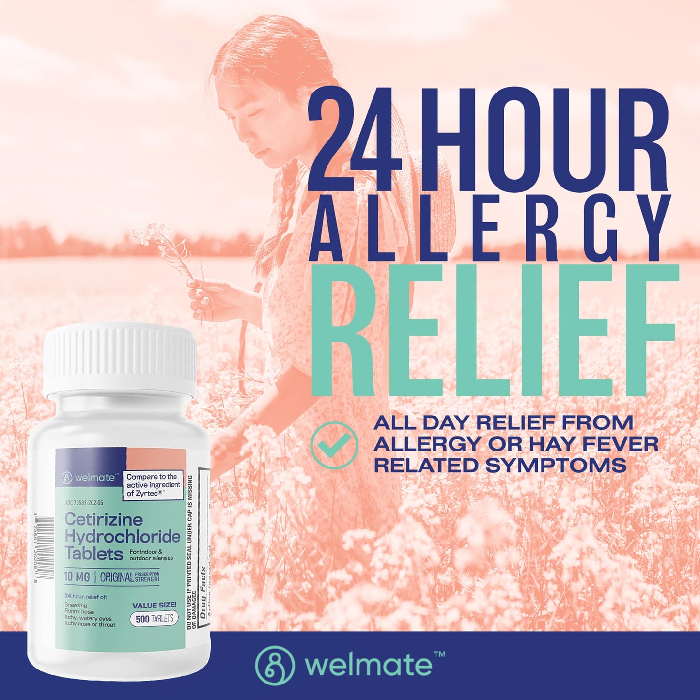 WELMATE - Allergy Relief (500 Tablets) Cetirizine Hydrochloride 10mg - 24 Hours - Non Drowsy - Indoor & Outdoor Allergy Medicine - Antihistamine - Nose, Eyes & Throat - Over-the-Counter Medication