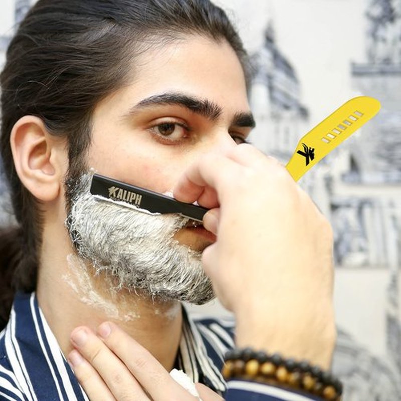 Kaliph Professional Straight Razor For Men - Premium Pack of 2 Straight Edge Barber Razor With 100 Blades - Smooth Shaving Mens Manual Cut Throat Shaver Safety Kit (Yellow)