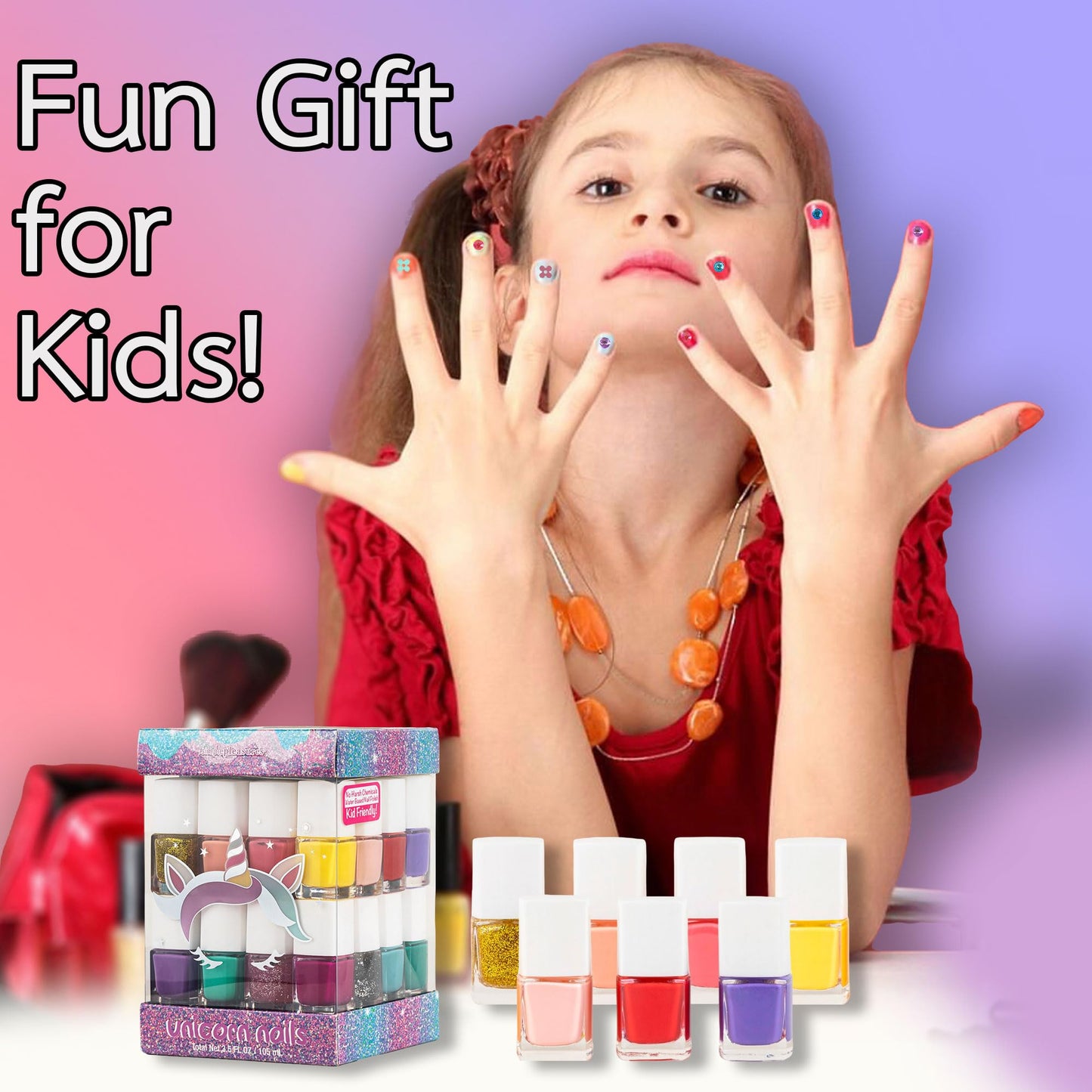 SIMPLE PLEASURES 17-Piece Unicorn Kids Nail Polish Set for Girls – Includes Non-toxic Nail Polish For kids with Gems, Stickers & Nail File - Gift Set for Girls Ages 7-12