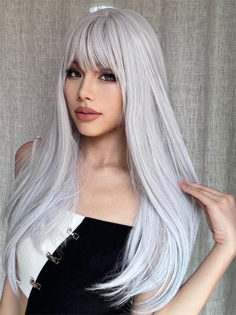 ENTRANCED STYLES White Wig with Bangs Long Straight White Wigs for Women Cosplay Wigs for Gril Natural Hairline Heat Resistant Synthetic Wig for Daily for Cosplay Party Halloween