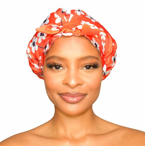 GRACE & COMPANY Luxury Shower Cap For Women - 100% Waterproof, Reusable, Washable & Breathable Shower Caps - Clementine