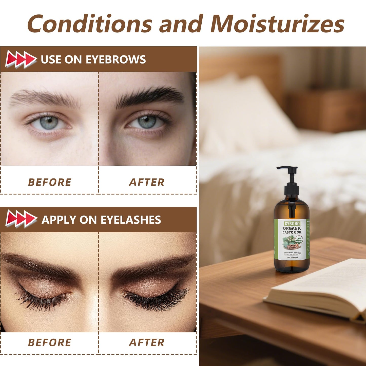 Castor Oil Organic for Pack Wrap, Liver Detox, Hair Growth -Face-Lashes & Eyebrows,Cold pressed,Glass Bottle Packaging(16oz)