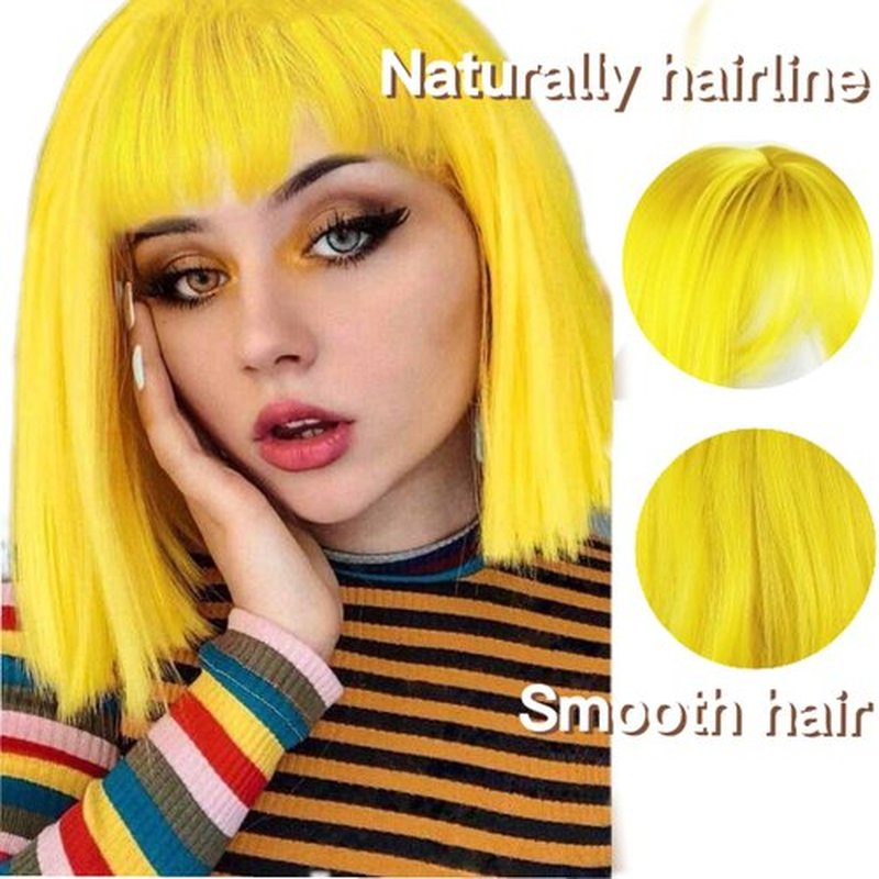 Tangyaoyusun 12Inch Lemon Yellow Wig with Bang Short Straight Bob Hair For Girls Women Theme Party (Lemon Yellow)