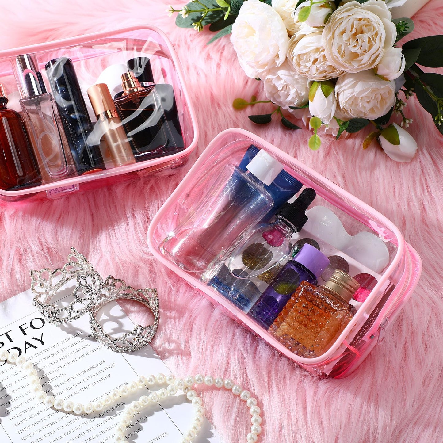 Weewooday 12 Pieces Clear Cosmetics Bag PVC Zippered Clear Toiletry Carry Pouch Cosmetic Makeup Bag Waterproof Makeup Vinyl Plastic Organizer Case for Vacation Bathroom(Light Pink,Medium)