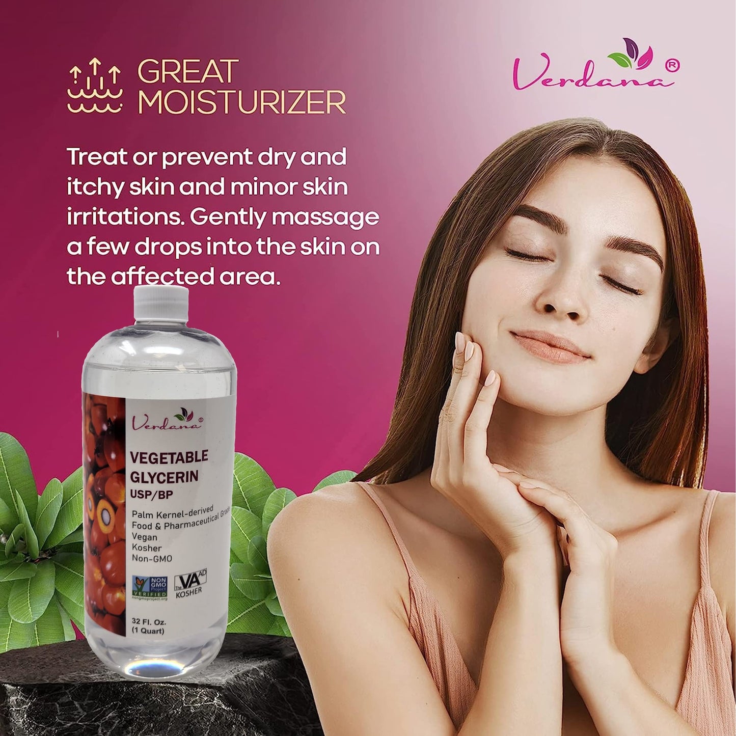 Verdana Vegetable Glycerin – USP, Food Grade, Palm-Derived, Soy-Free – Liquid Glycerin for Personal Care, Cosmetic & Formulation Use – Non-GMO, Vegan – 32 fl oz