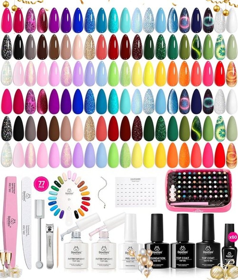 Beetles Gel Nail Polish Set with Storage Bag: 77 Pcs Cat Eye Gel Polish Nail Kit, 60 Colors Winter Gel Nail Kit with Base Top Coat U V Nail Art Tools Red Nude White World Travel Gifts for Women