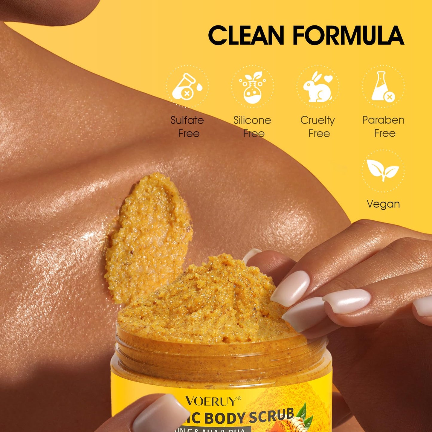 VOERUY Turmeric Body Scrub, 10% AHA/BHA & Vitamin C Exfoliating Body Scrub, Body Exfoliator for Body Hand Foot Bikini Area, Smooth & Moisturized Skin for Women and Men - 11.3oz