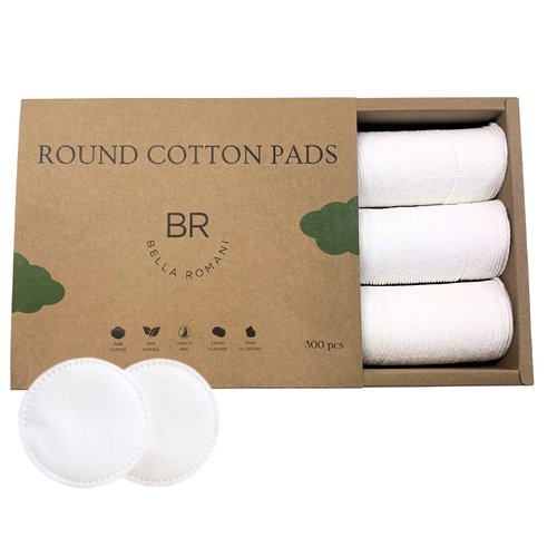 Bella Romani Organic Cotton Rounds (300 Count) Makeup Remover Pads, Hypoallergenic, Lint-Free | 100% Pure Cotton