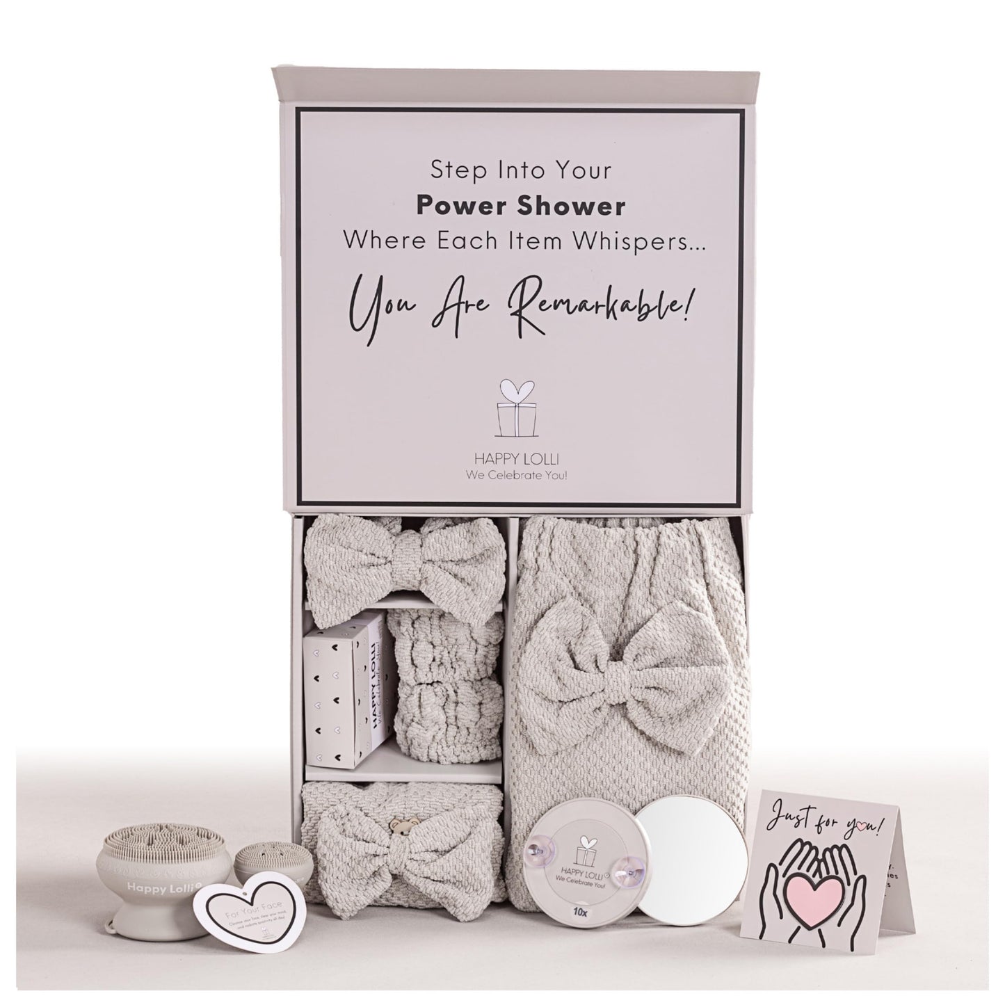HAPPY LOLLI Power Shower Gift Set for Teen & College Girls, Birthday Gift, Self Care College Essentials Bath Accessories with Towels, Headband, Wristbands & Face Sponge (Fresh in Beige)