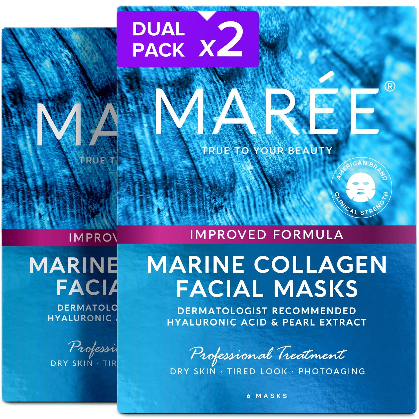 MAREE Collagen Facial Mask with Hyaluronic Acid 2 PACK - Sheet Face Masks Skincare with Green & Red Algae Extract - Hydrating Mascarillas Faciales For Women Skin Care