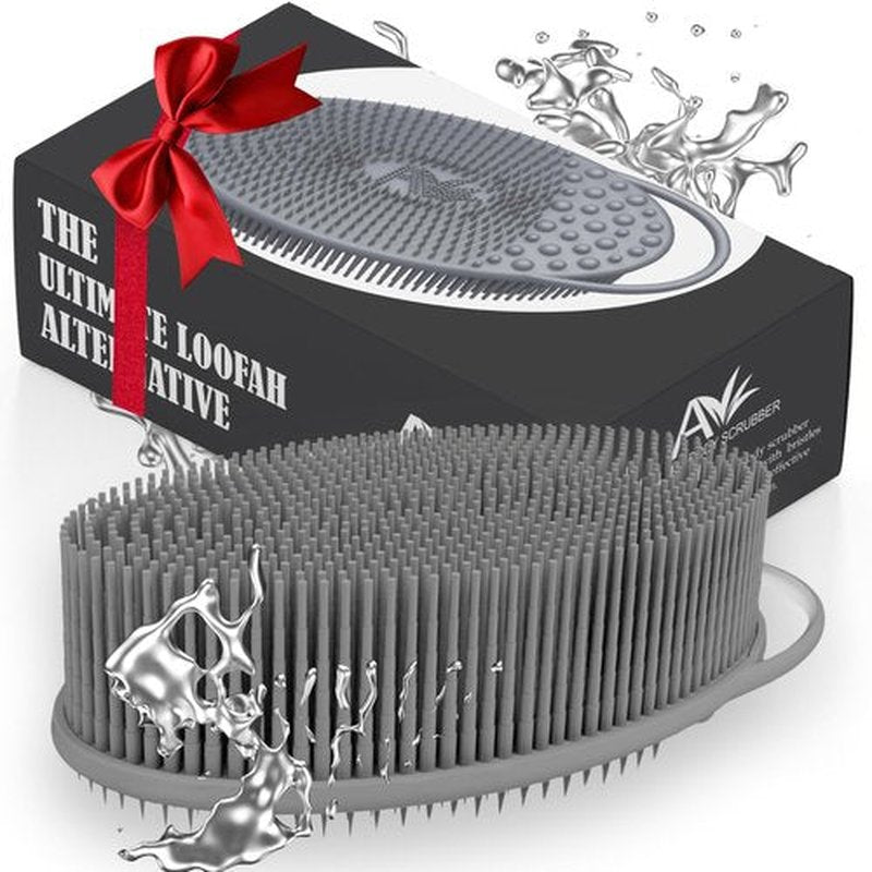 Avilana Silicone Exfoliating Body Scrubber – Dual-Sided Silicone Loofah for Shower, Body Scrubber for Men & Women, Gentle Loofa Alternative, Easy-to-Clean Silicone Body Scrubber (S2-Gray with Silver)