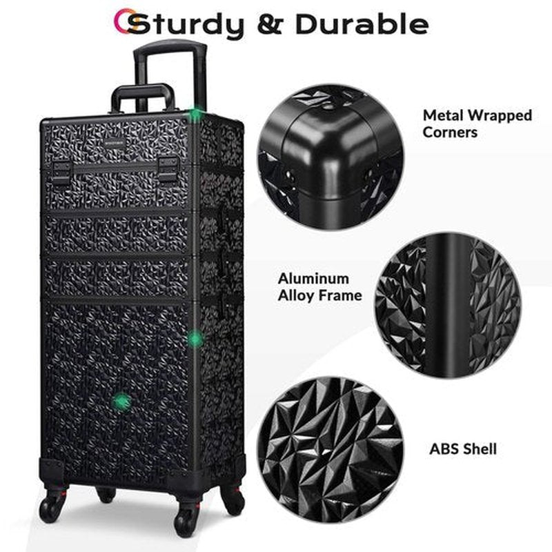 BYOOTIQUE Rolling Makeup Train Case 4in1 Cosmetic Trolley Organizer Travel Case Lockable Salon Barber Case Traveling Cart Trunk with Wheels for Makeup Artist Trave Nail, Mermaid Black