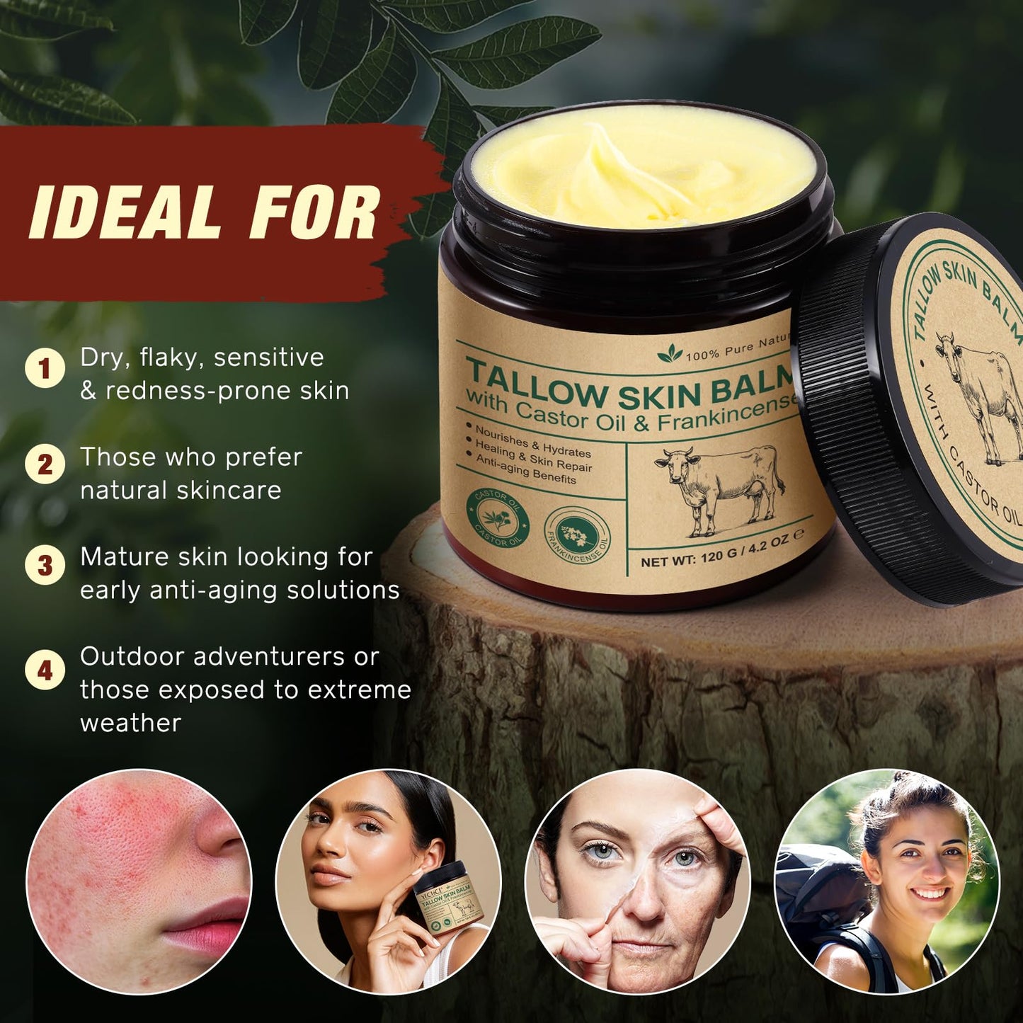 NVXNMSD Beef Tallow, Castor Oil, and Frankincense Oil Skin Balm - 100% Grass-Fed Tallow for Skin Care - Face & Body Moisturizer for Sensitive Skin, Deeply Moisturizing & Nourishing - 4.2 oz