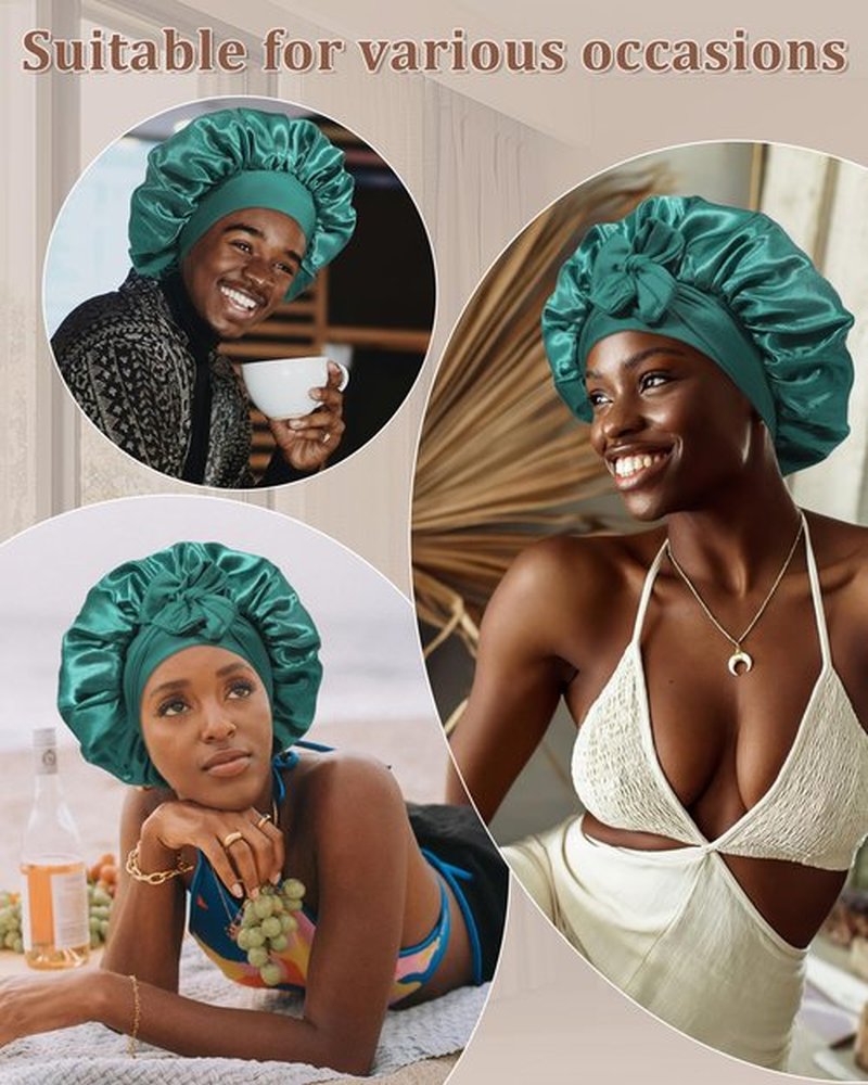 Reversible Satin Bonnet for Sleeping Women Silk Bonnet Double Layer Hair Bonnet with 2PCS Hair Scrunchies Elastic Tie Band Night Cap Hair Wrap for Natural Curly Hair (Dark Green+Black)