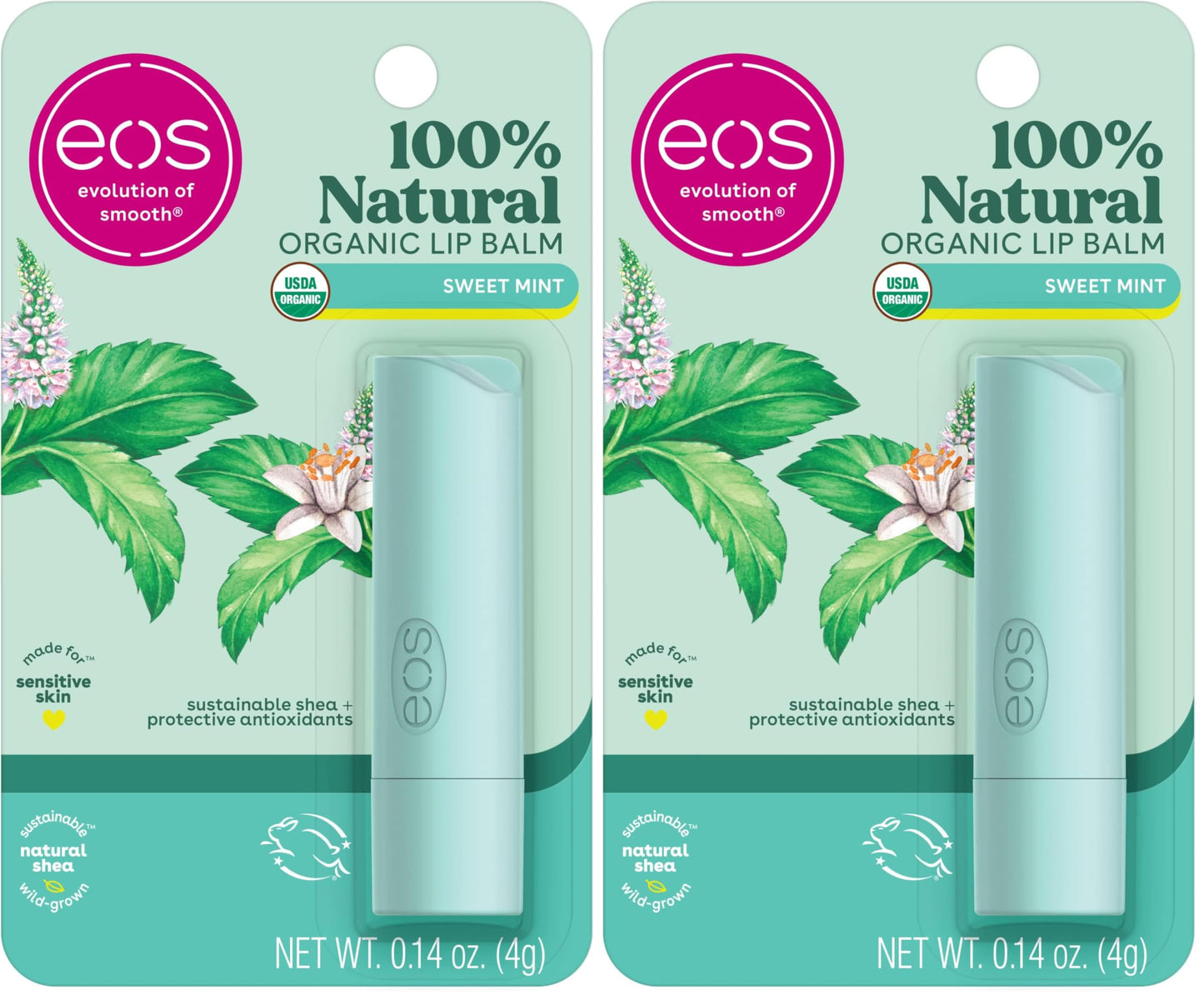 eos 100% Natural & Organic Lip Balm- Sweet Mint, Dermatologist Recommended, All-Day Moisture Lip Care, Made for Sensitive Skin, 0.14 oz (Pack of 2)