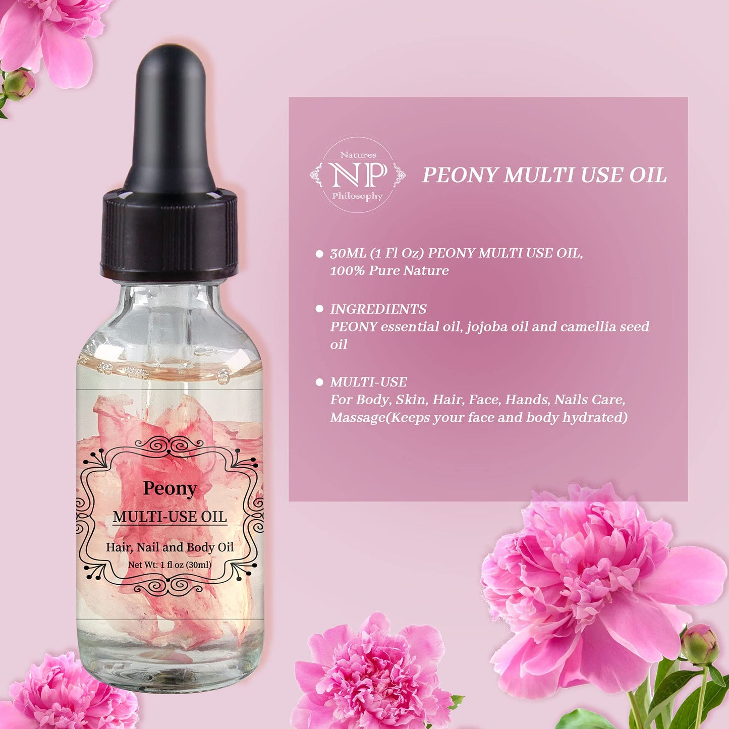 NP NATURES PHILOSOPHY Peony Multi-Use Oil for Face, Body and Hair - Plant Fragrant Essential Oil for Dry Skin, Scalp and Nails - 1 Fl Oz