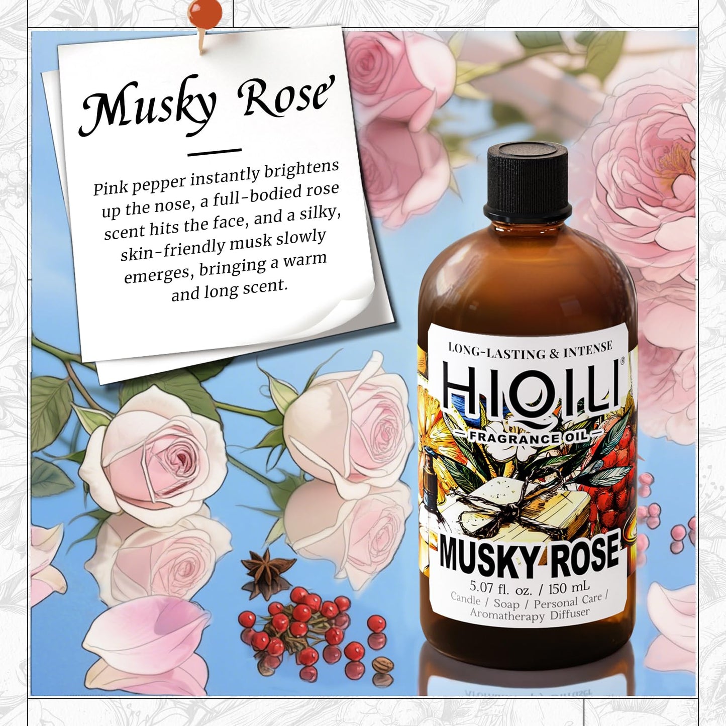 HIQILI Musky Rose Fragrance Oil for Hotel Diffuser, Luxury Scents, for Making Aromatherapy Candle, Perfume, Scented Home Decor- 5.07 Fl Oz