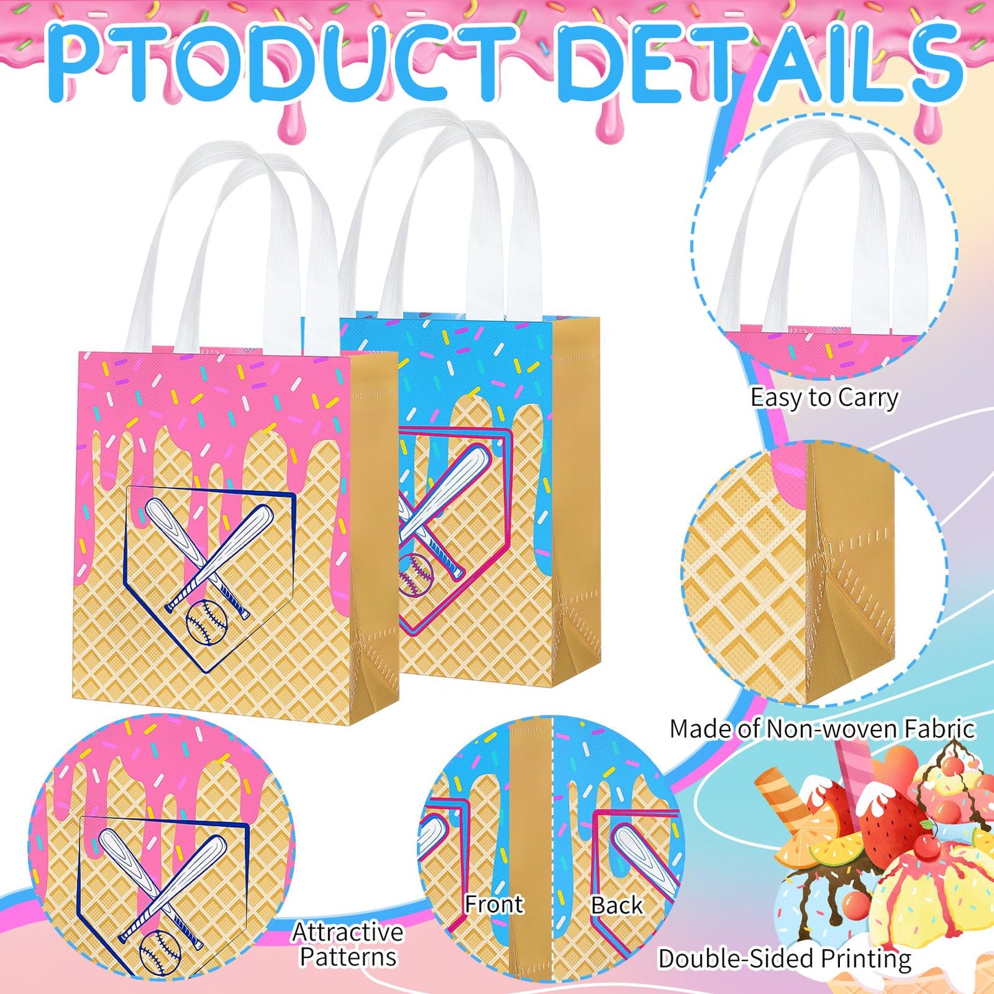 AmazingSpark 24 Pcs Non Woven Baseball Drip Gift Bags with Handles Ice Cream Baseball Drip Birthday Snack Goodie Treat Bag for Team Gift Sport Theme Decor Camping Party Favor