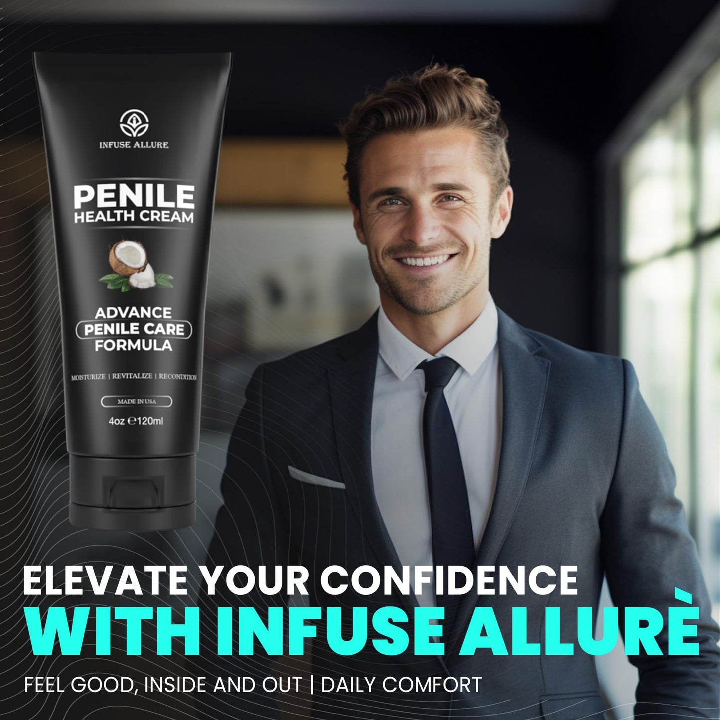 Infuse Allurè Men's Intimate Comfort Cream - Hydrating Personal Care Moisturizer for Dryness & Chafing Relief - Non-Greasy, Fast Absorbing Below The Belt Lotion 4oz 120ml