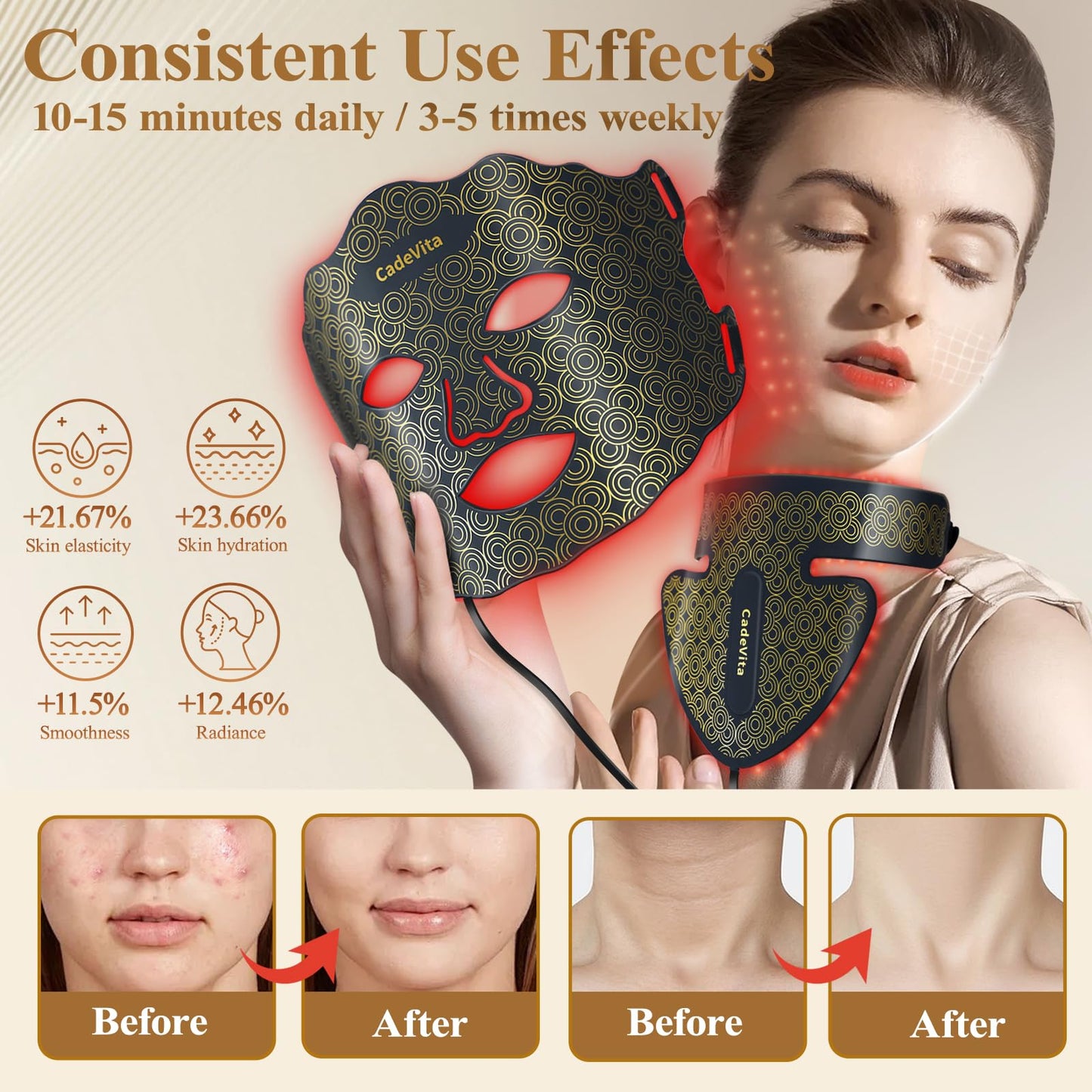 CadeVita Red Light Therapy Mask for Face and Neck, 7 Colors LED Face Mask with 173 LED Beads, 1200mAh Rechargeable Led Face Mask with Timer Function for Skin Care Device at Home and Travel, Black