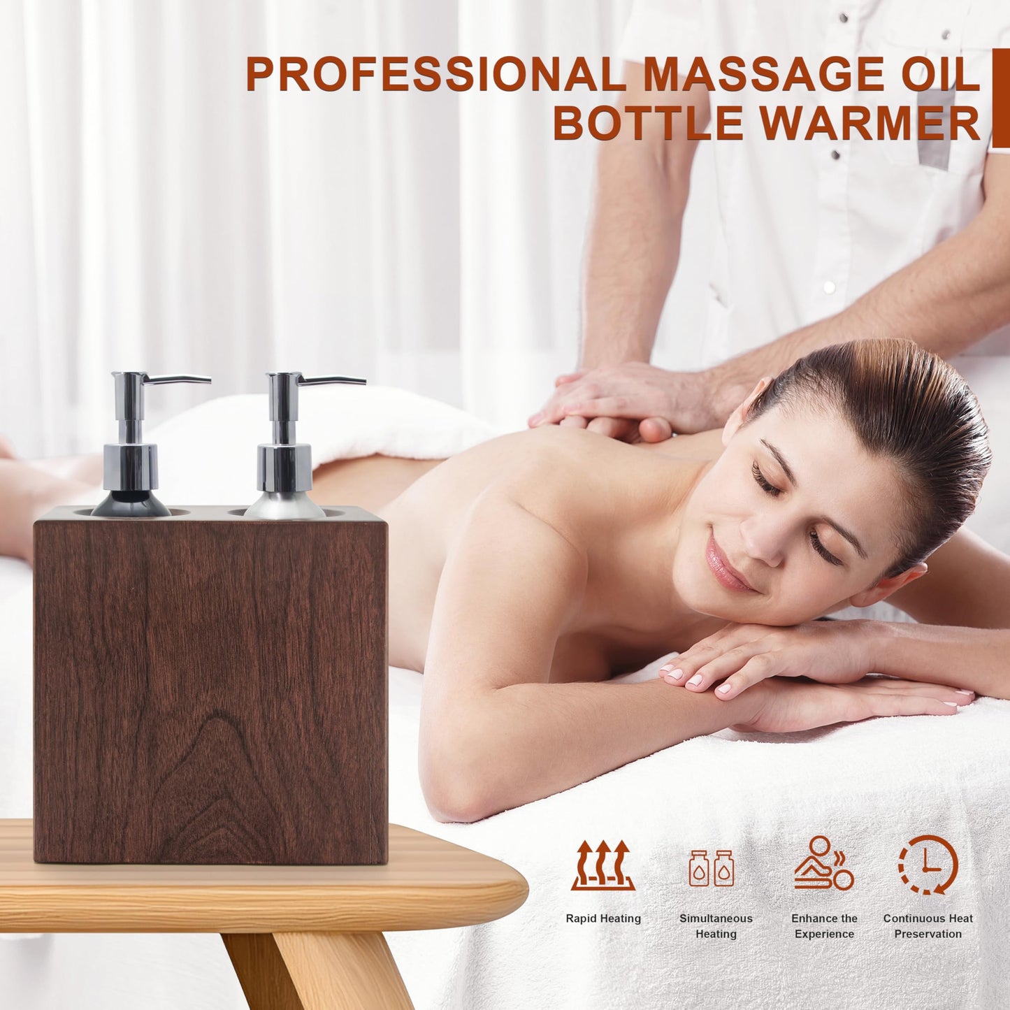 Elitzia Walnut Wood Massage Oil Warmer Independent Dual-Bottle Heating Control with 4 Massage Oil Pump Bottles Lotion Warmer Dispenser Heated 122-140°F Suitable for Salon Spa ETAW03