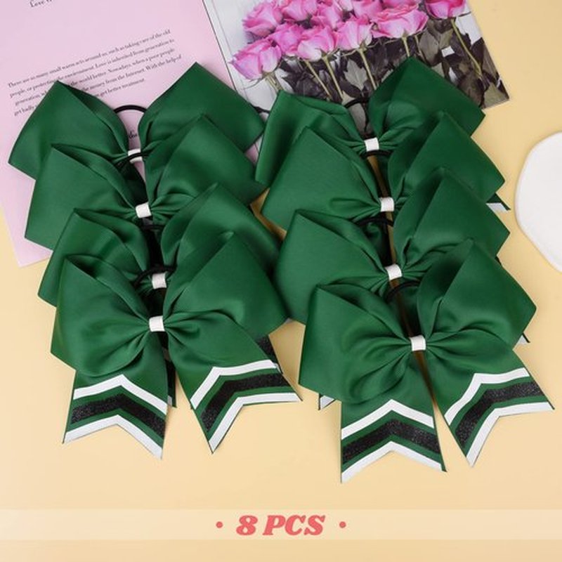 DEEKA 8PCS Large Glitter Cheer Bows Shiny 7" Cheer Hair Bows Ponytail Holder Handmade for Cheerleader Girls Softball Sports -Green/g Black