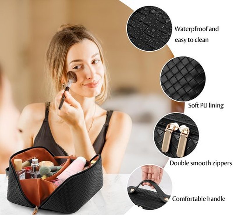 ALEXTINA Large Capacity Travel Cosmetic Bag - PU Leather Makeup Organizer Bag Portable Woven Makeup Bags for Women Waterproof Travel Toiletry Bag with Divider Pouch, Black